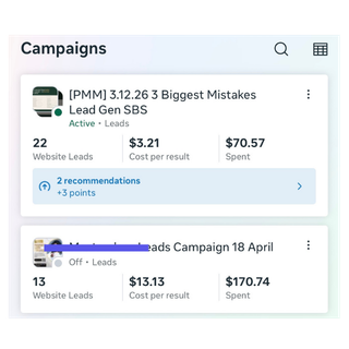 Meta Ads Manager screenshot showing real client campaign results